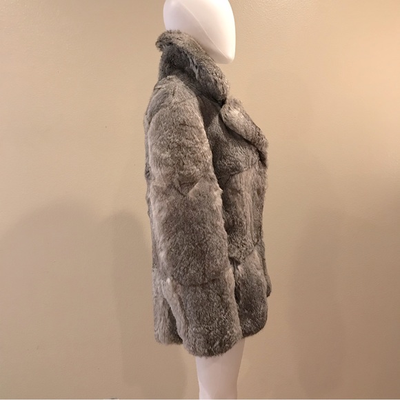 Womens Fur Coat Jacket Size 46 Medium Grey Rabbit Pockets Hook Closure Flaw - Picture 13 of 16